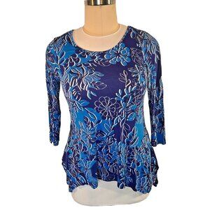 Cable & Gauge - Women's M Blouse Blue Tropical Floral Sharkbite Hem 3/4 Sleeve